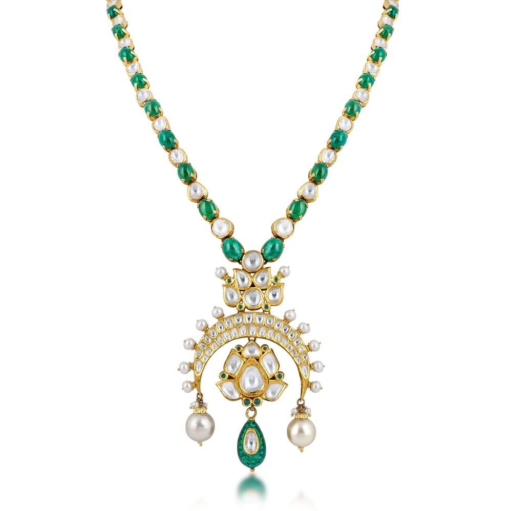 Inverted Chand Polki Necklace with Emeralds and Pearls